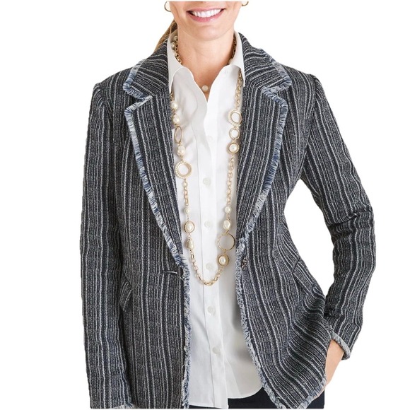 Chico's Jackets & Blazers - Chico's Striped Tweed Blazer Jacket 1P 8P US Navy Single Button Fringe